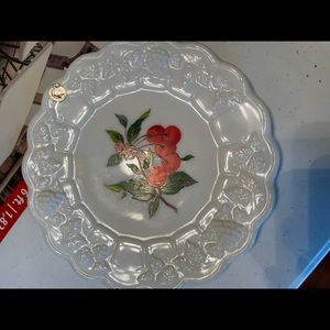 Official milk glass plate with label, hand painted cherries.
